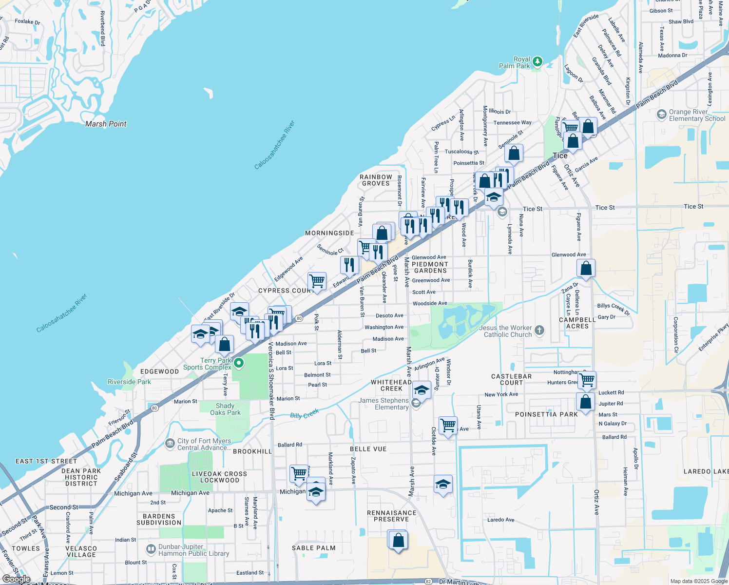 map of restaurants, bars, coffee shops, grocery stores, and more near 4009 Iroquois Avenue in Fort Myers