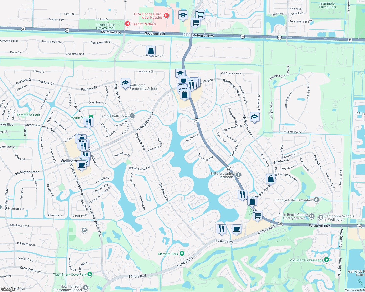 map of restaurants, bars, coffee shops, grocery stores, and more near 12853 Guilford Circle in Wellington