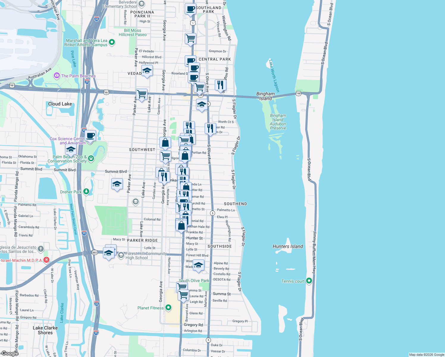 map of restaurants, bars, coffee shops, grocery stores, and more near 217 Bunker Ranch Road in West Palm Beach