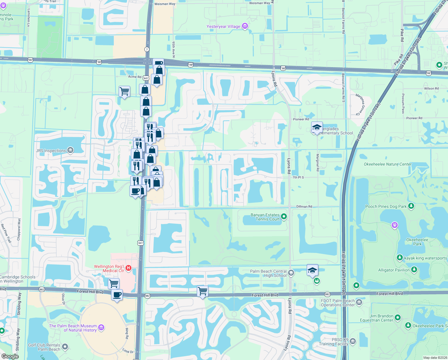 map of restaurants, bars, coffee shops, grocery stores, and more near 765 Whippoorwill Isle North in West Palm Beach