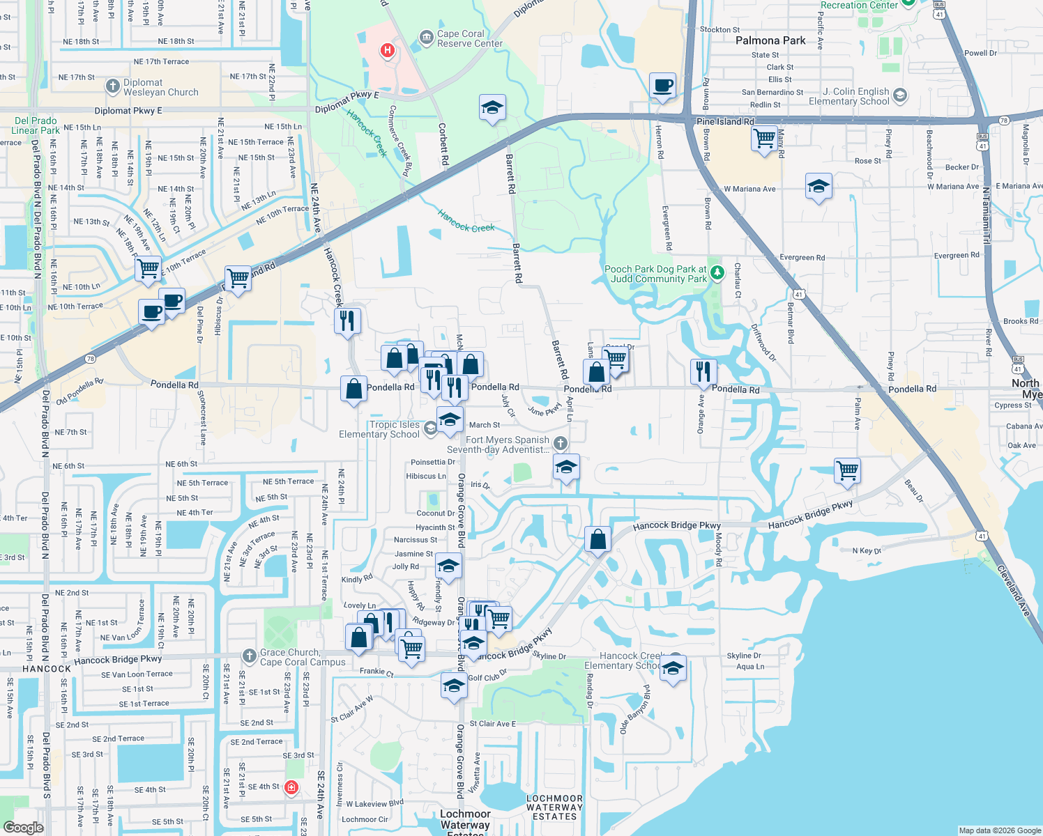 map of restaurants, bars, coffee shops, grocery stores, and more near 788 July Circle in North Fort Myers