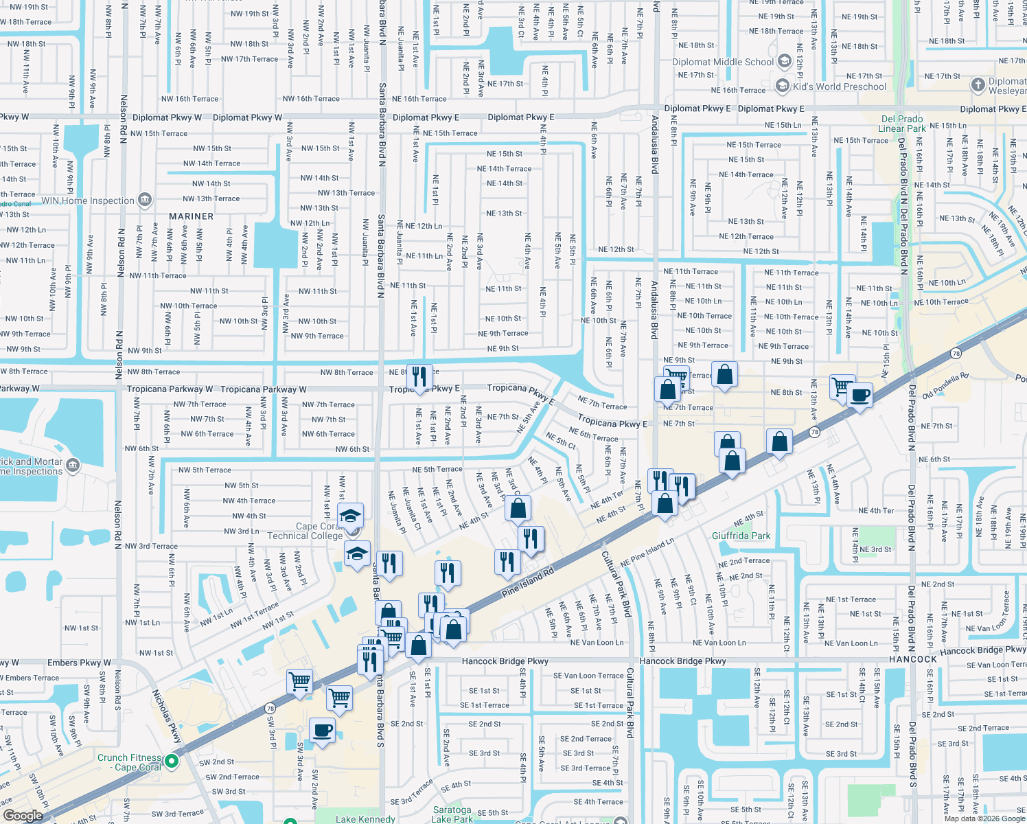 map of restaurants, bars, coffee shops, grocery stores, and more near 407 Northeast 7th Street in Cape Coral