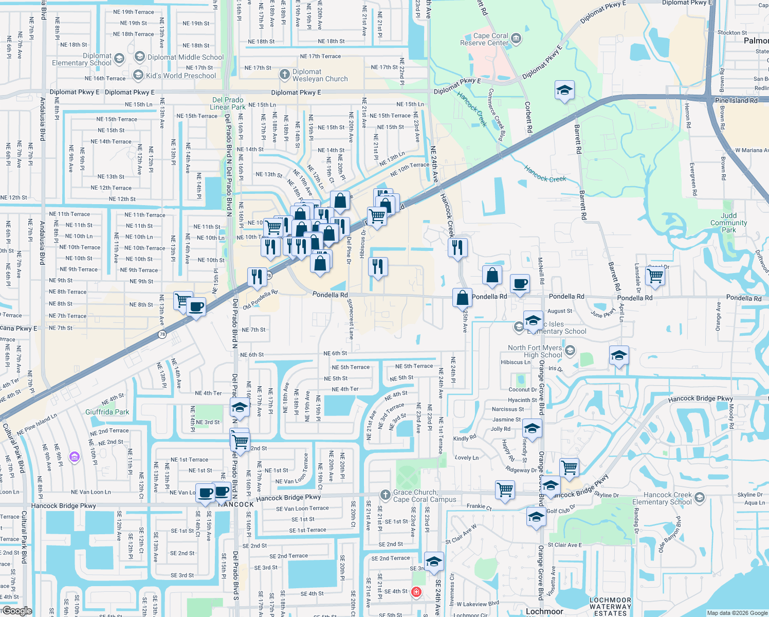 map of restaurants, bars, coffee shops, grocery stores, and more near 1173 Pondella Road in Cape Coral