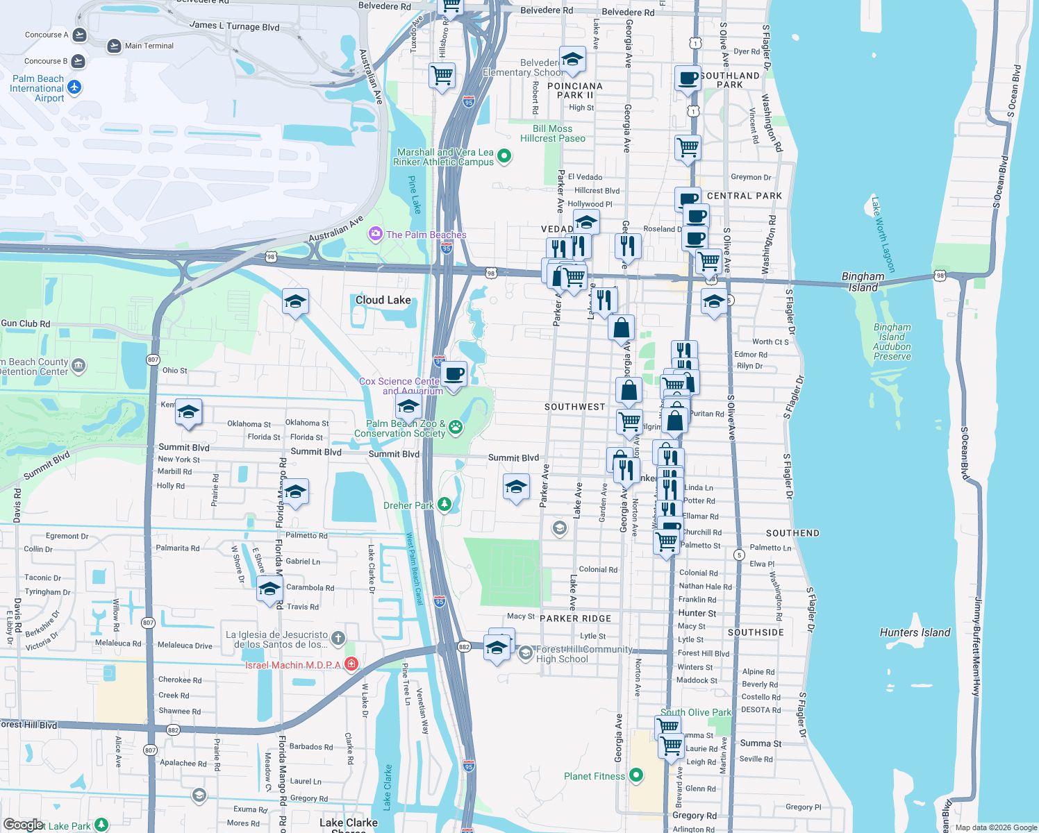 map of restaurants, bars, coffee shops, grocery stores, and more near 946 McIntosh Street in West Palm Beach