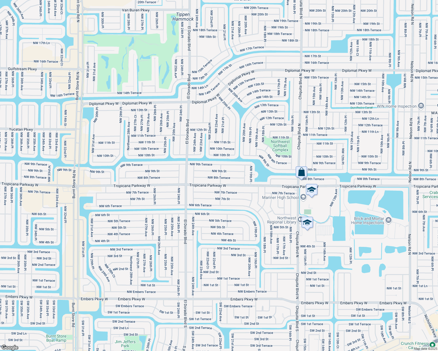 map of restaurants, bars, coffee shops, grocery stores, and more near 2201 Northwest 8th Terrace in Cape Coral