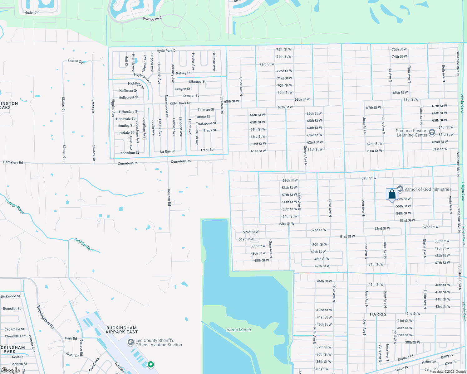map of restaurants, bars, coffee shops, grocery stores, and more near 3608 58th Street West in Lehigh Acres
