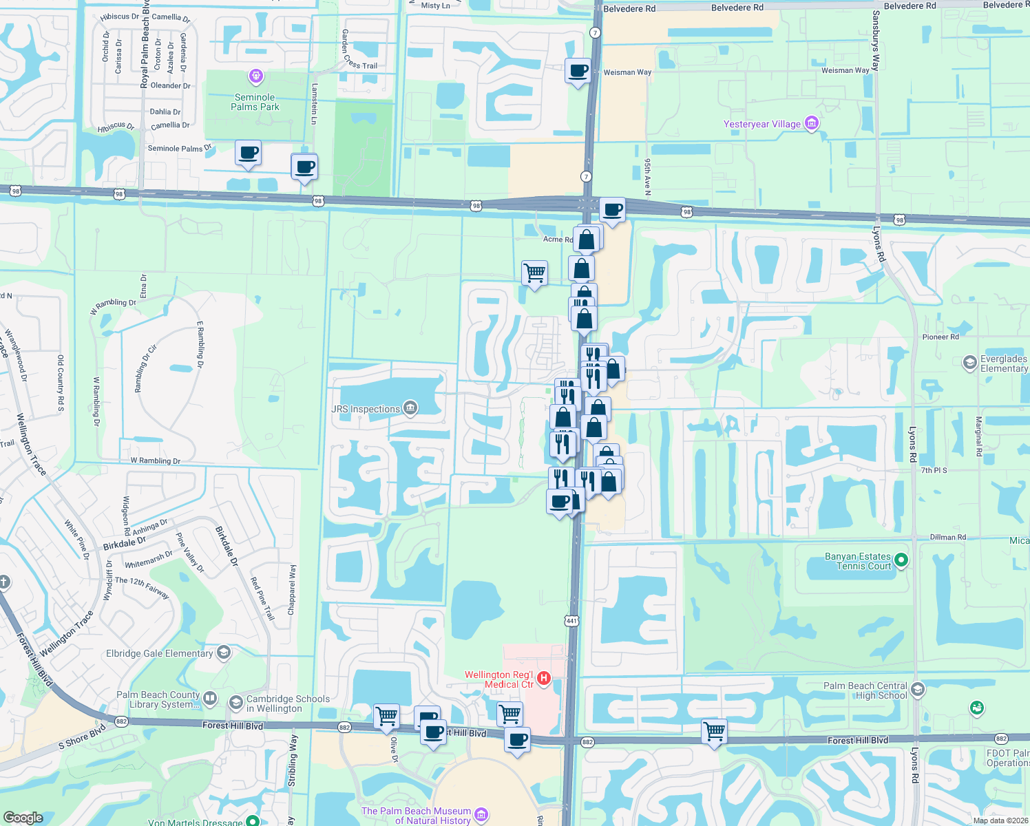 map of restaurants, bars, coffee shops, grocery stores, and more near 114 Lancaster Way in Royal Palm Beach