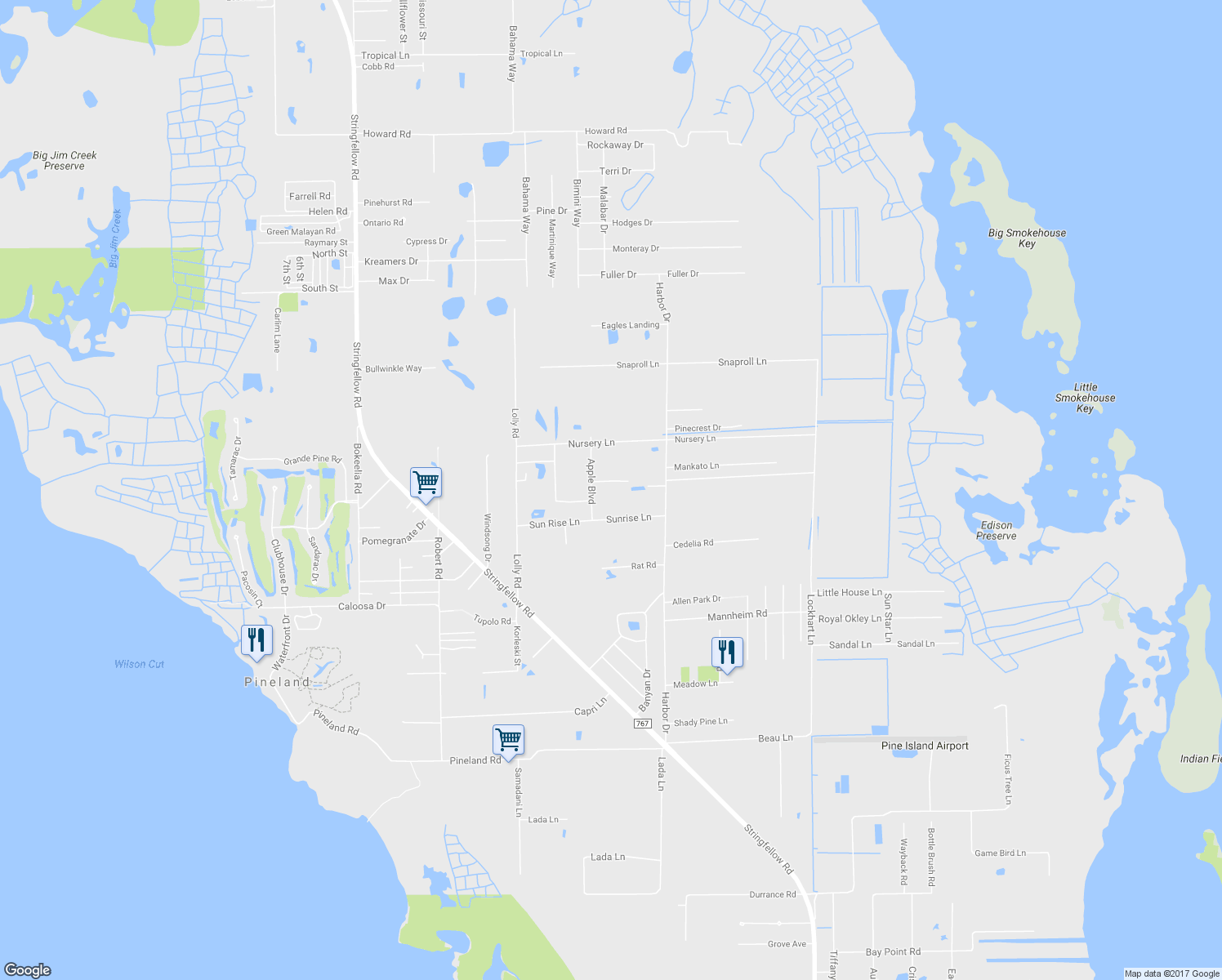 map of restaurants, bars, coffee shops, grocery stores, and more near 6671 Juniper Lane in Bokeelia