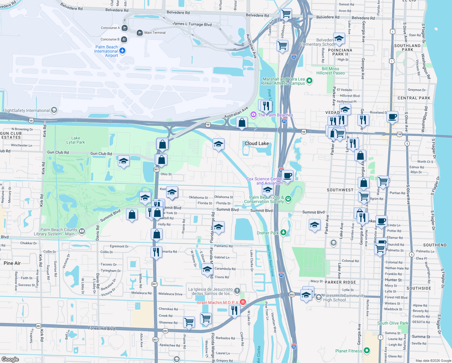 map of restaurants, bars, coffee shops, grocery stores, and more near 451 Dionne Drive in West Palm Beach