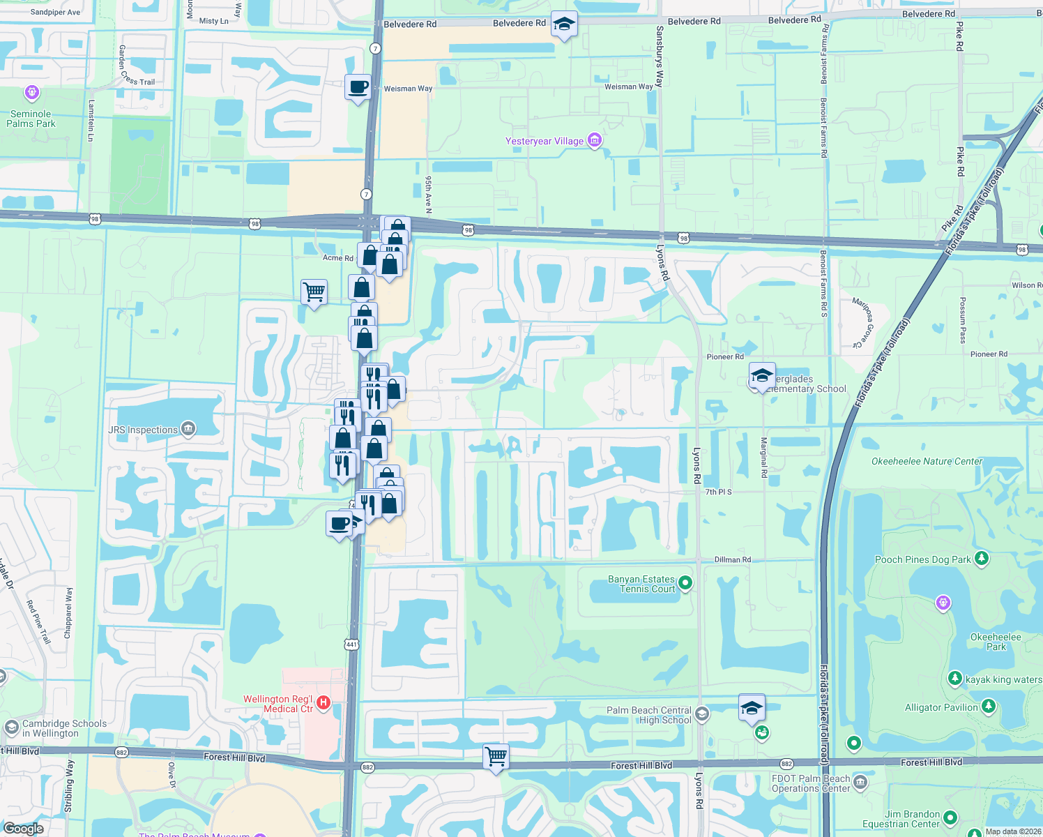 map of restaurants, bars, coffee shops, grocery stores, and more near 9328 Silent Oak Circle in West Palm Beach