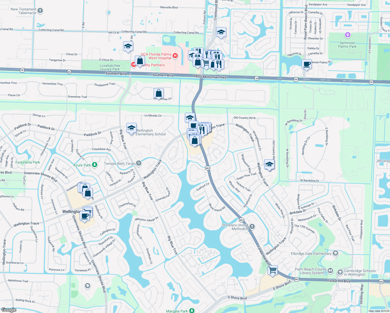 map of restaurants, bars, coffee shops, grocery stores, and more near 12807 Spinnaker Lane in Wellington