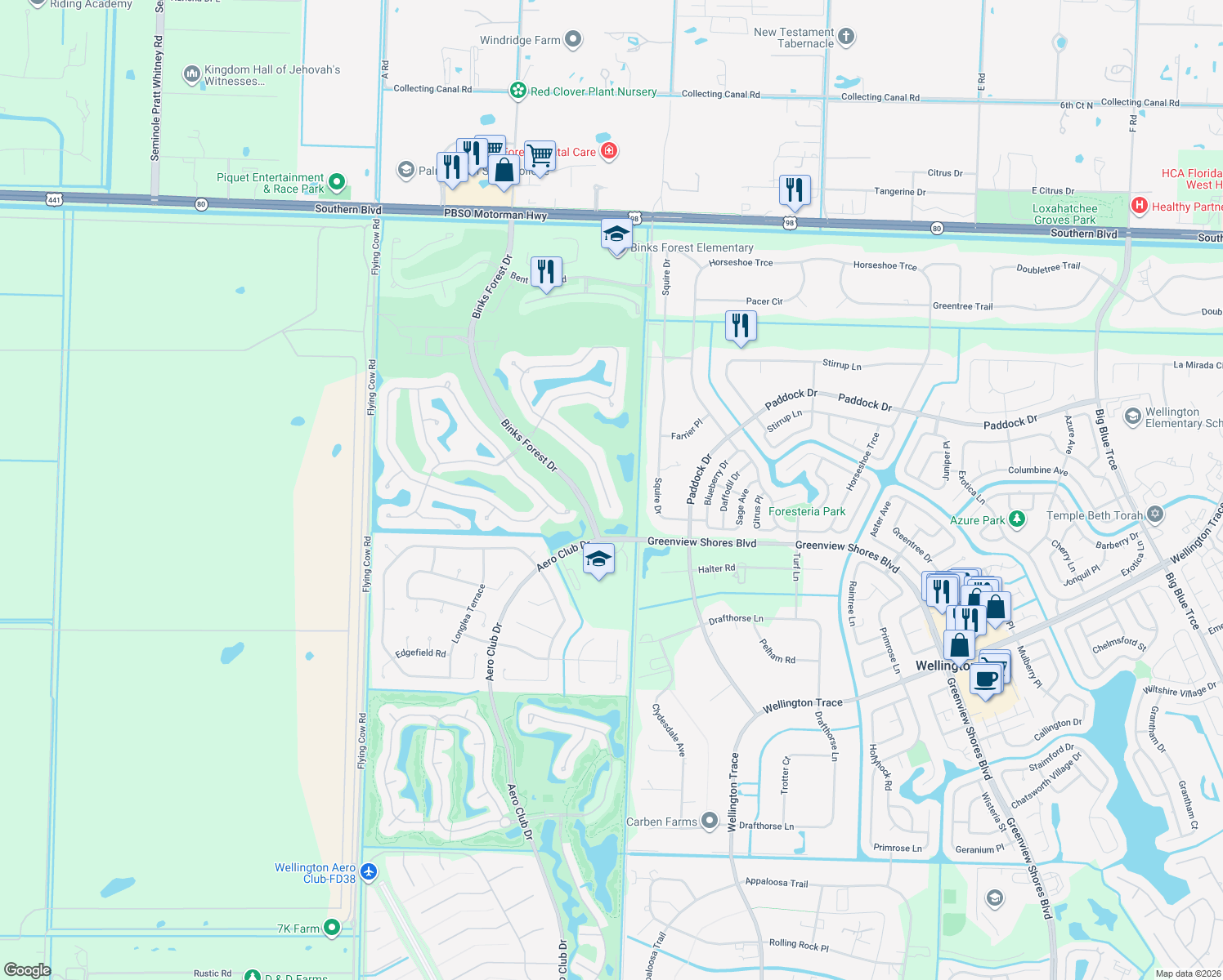 map of restaurants, bars, coffee shops, grocery stores, and more near 892 Forest Glen Ln in Wellington