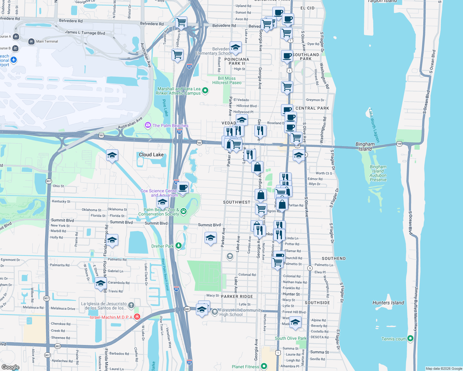 map of restaurants, bars, coffee shops, grocery stores, and more near 844 Bradley Street in West Palm Beach