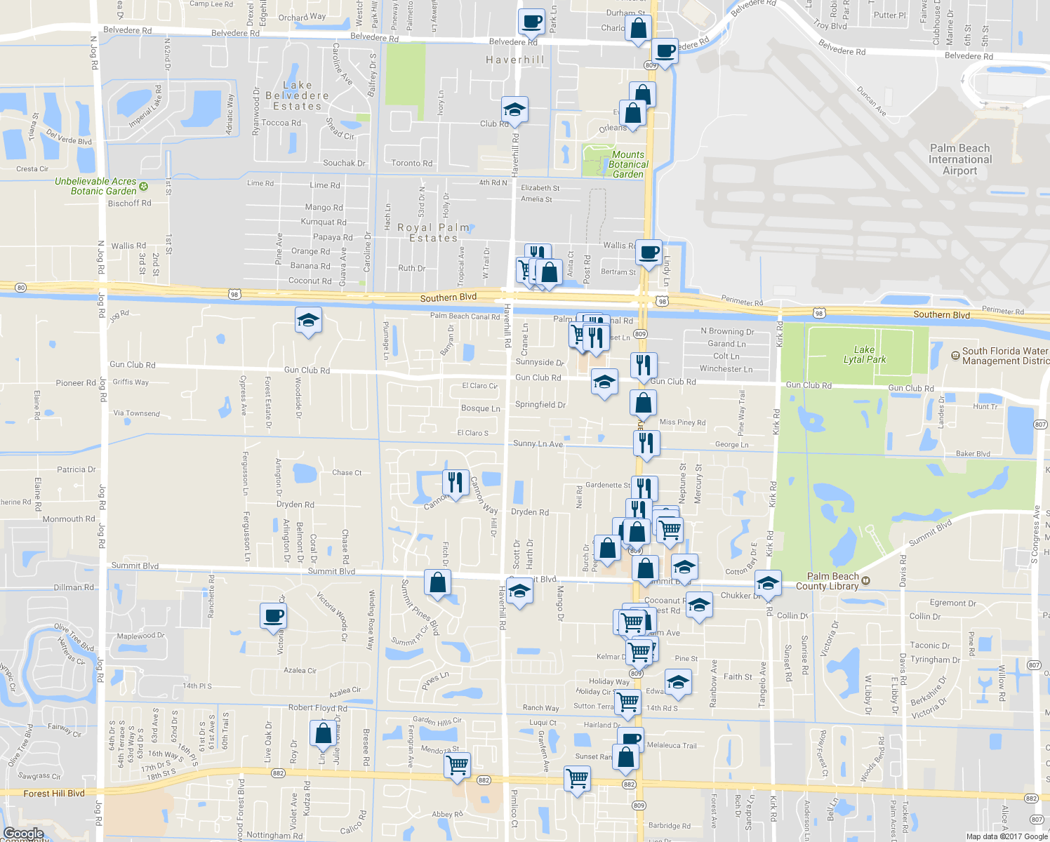 map of restaurants, bars, coffee shops, grocery stores, and more near 4934 Royal Court North in West Palm Beach