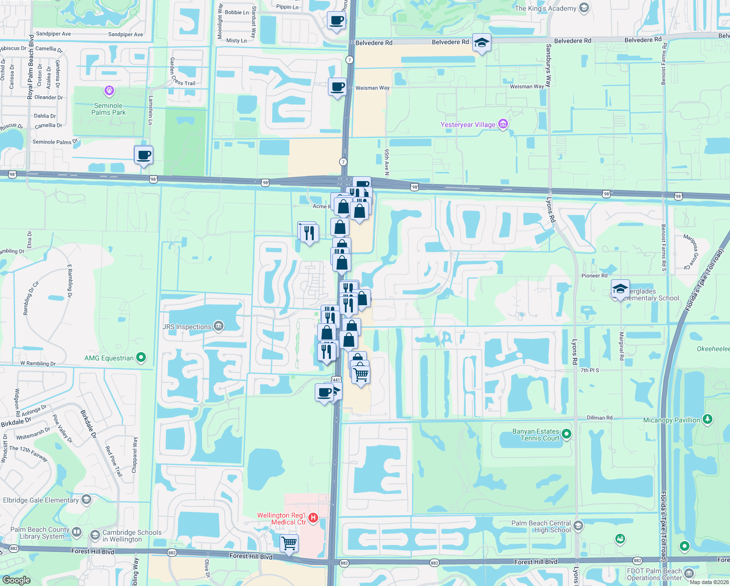 map of restaurants, bars, coffee shops, grocery stores, and more near 9883 Pioneer Rd in West Palm Beach