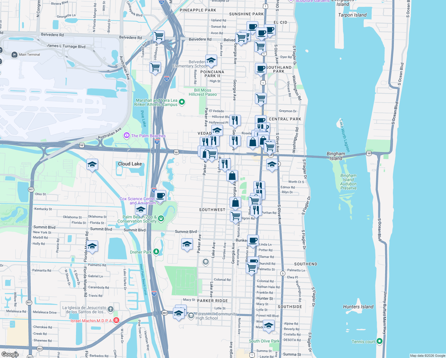 map of restaurants, bars, coffee shops, grocery stores, and more near 719 Briggs Street in West Palm Beach