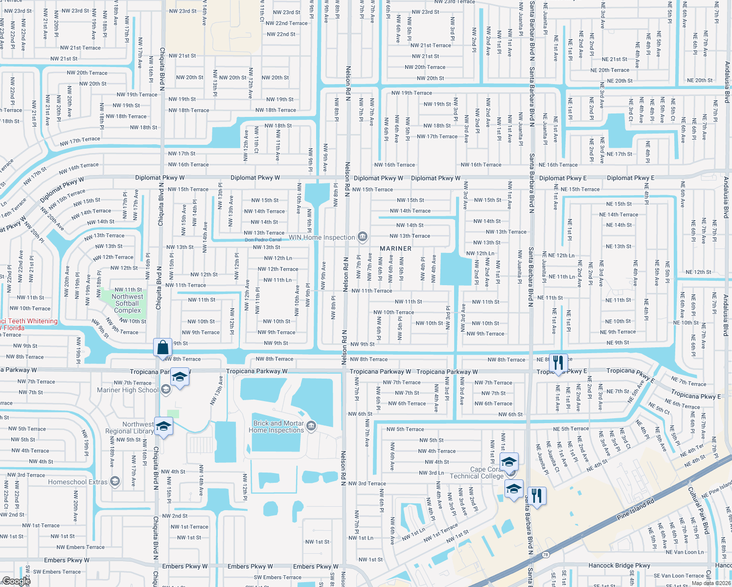 map of restaurants, bars, coffee shops, grocery stores, and more near 1110 Northwest 7th Avenue in Cape Coral