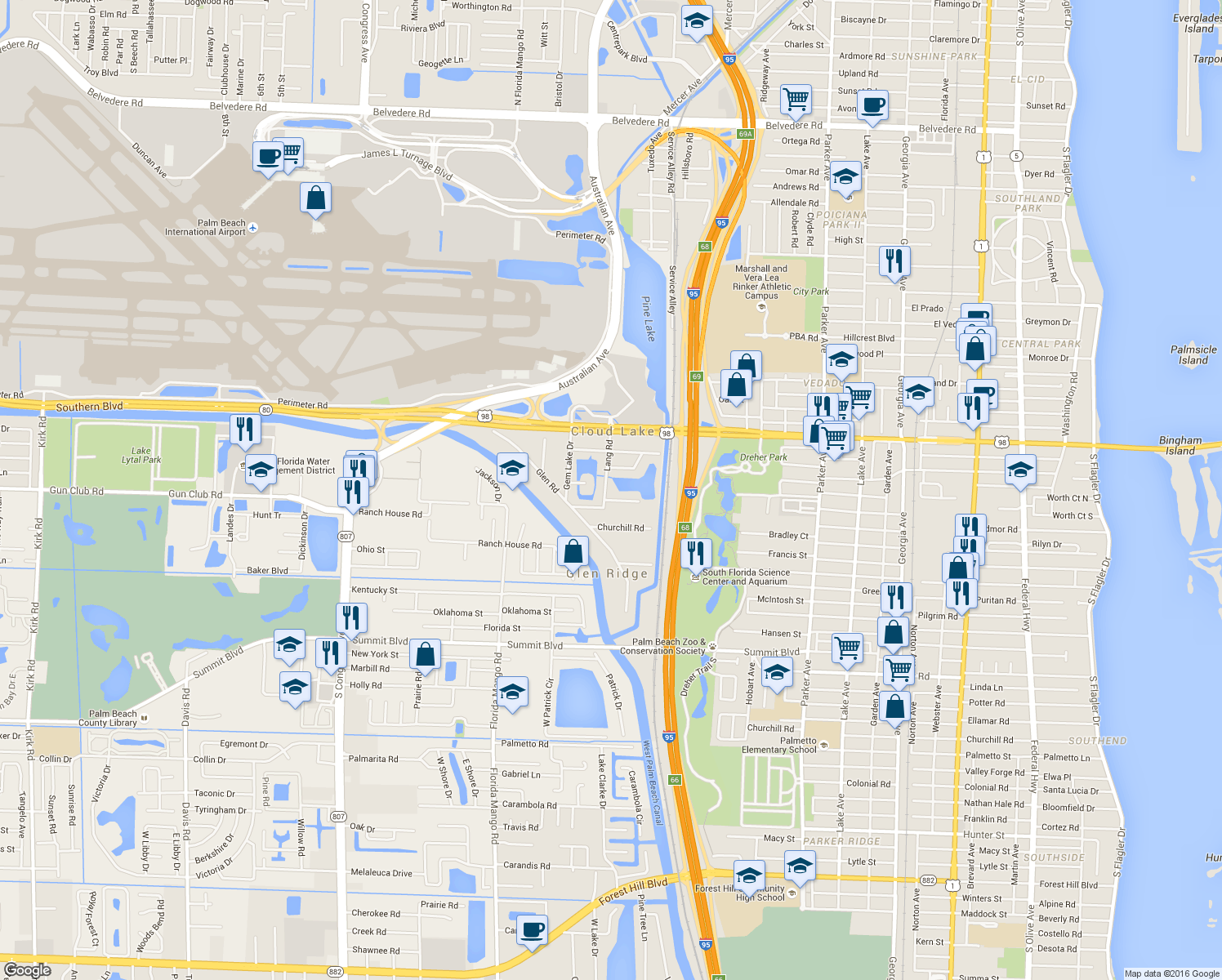 map of restaurants, bars, coffee shops, grocery stores, and more near 303 Lang Road in West Palm Beach