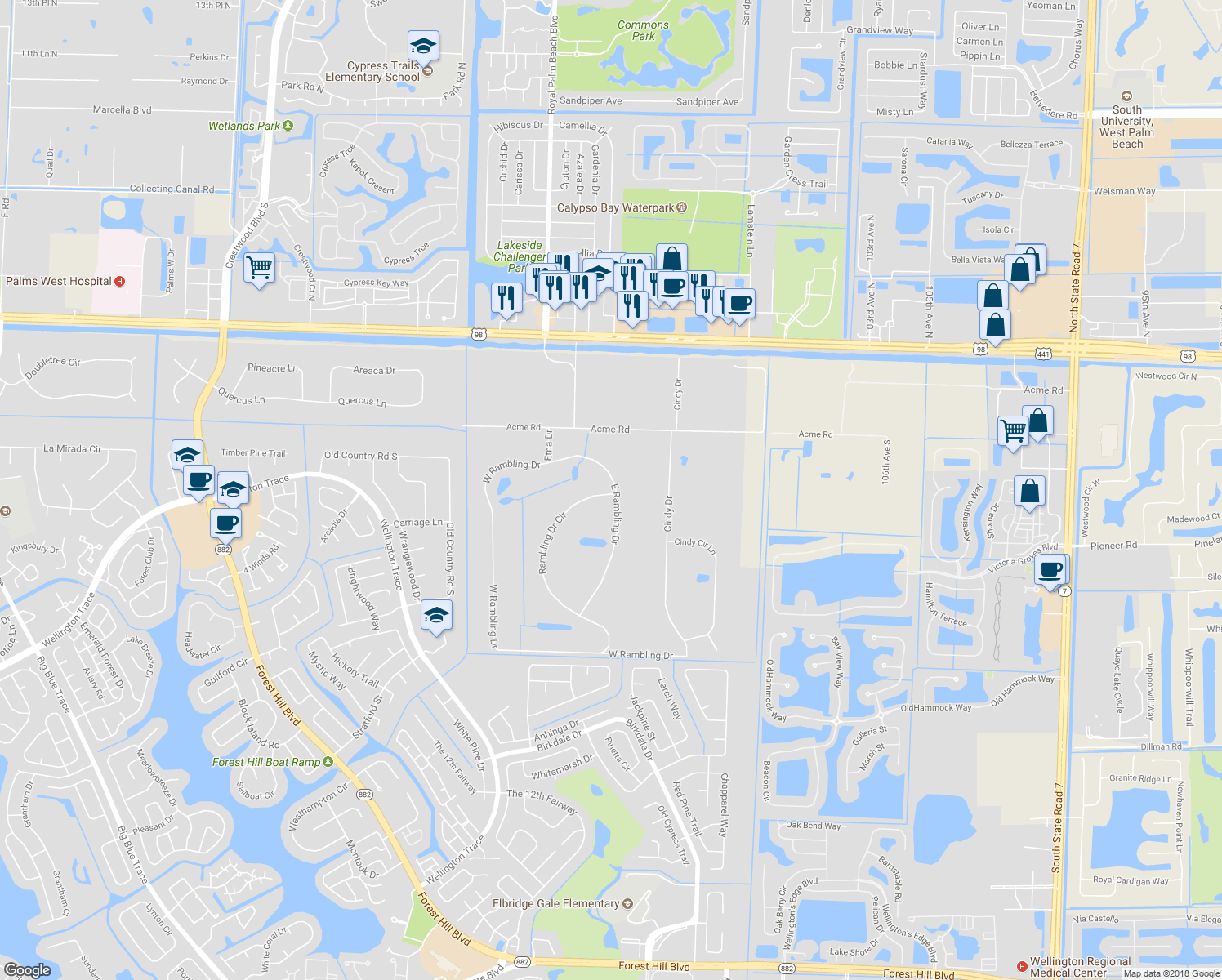 map of restaurants, bars, coffee shops, grocery stores, and more near 650 East Rambling Drive in Wellington