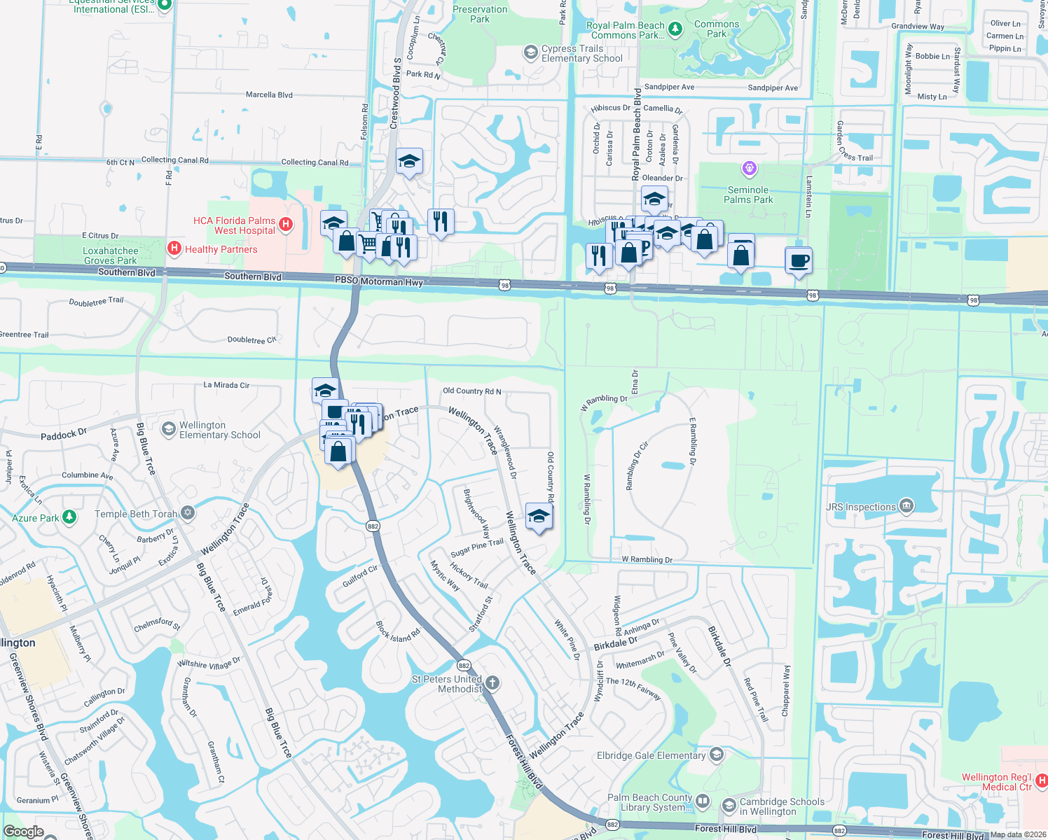 map of restaurants, bars, coffee shops, grocery stores, and more near 225 Sulky Way in Wellington