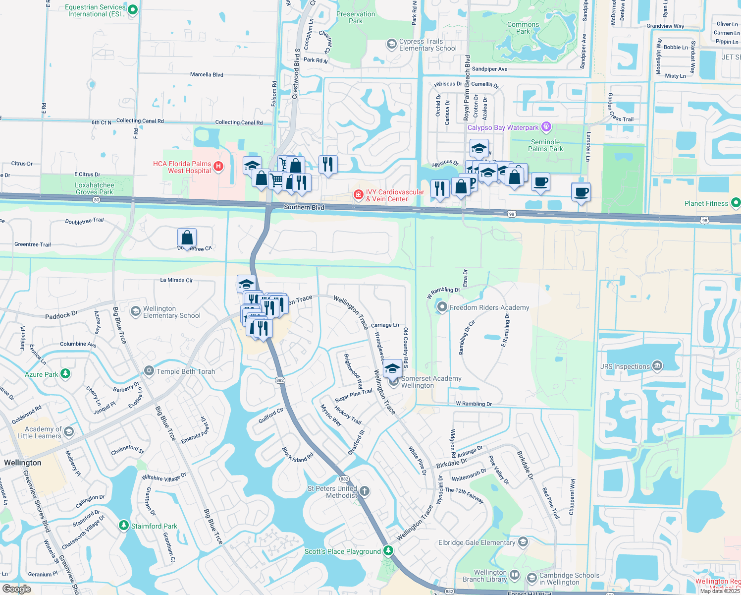 map of restaurants, bars, coffee shops, grocery stores, and more near 147 Sulky Way in Wellington