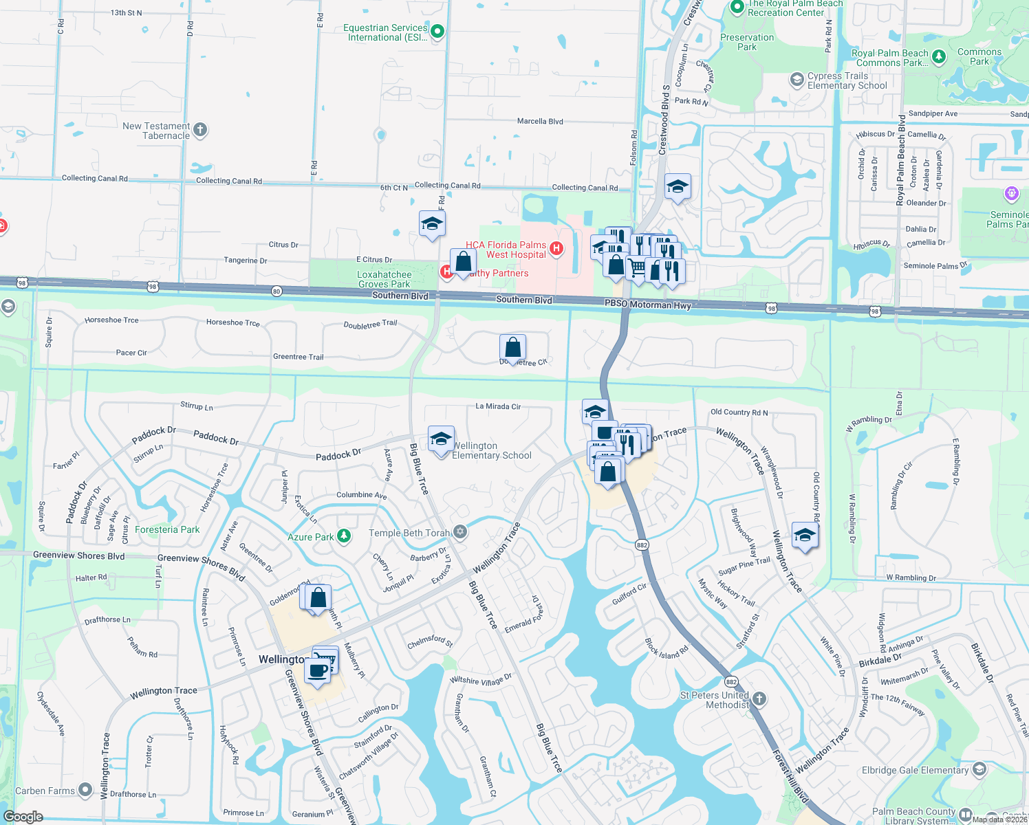 map of restaurants, bars, coffee shops, grocery stores, and more near 13362 La Mirada Circle in Wellington