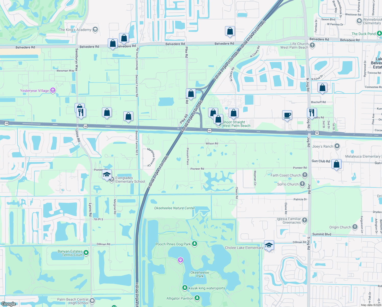 map of restaurants, bars, coffee shops, grocery stores, and more near 224 Possum Pass in West Palm Beach
