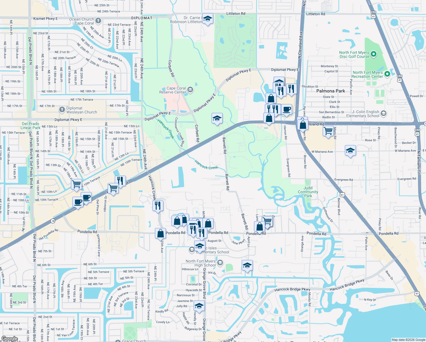 map of restaurants, bars, coffee shops, grocery stores, and more near 1337 Barrett Road in North Fort Myers