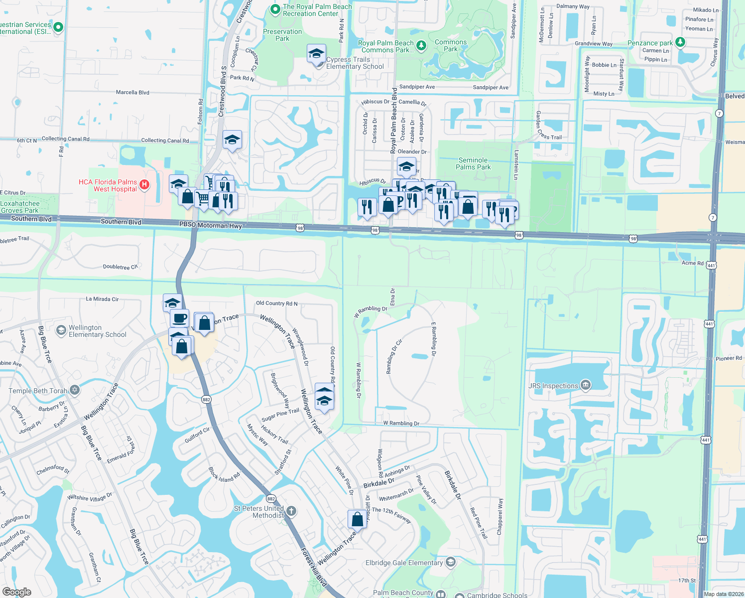 map of restaurants, bars, coffee shops, grocery stores, and more near 11817 West Rambling Drive in Wellington