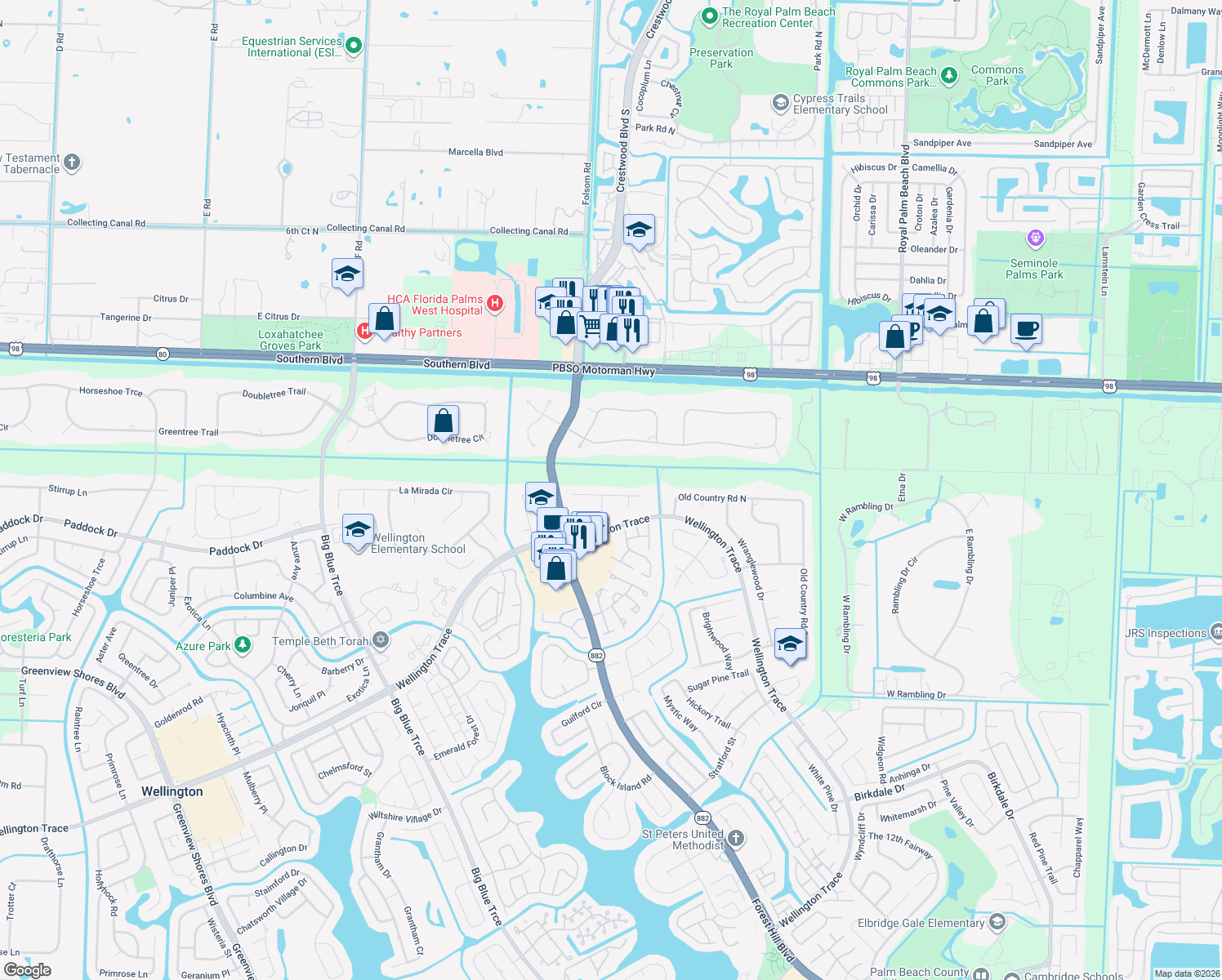 map of restaurants, bars, coffee shops, grocery stores, and more near 12665 Timber Pine Trail in Wellington