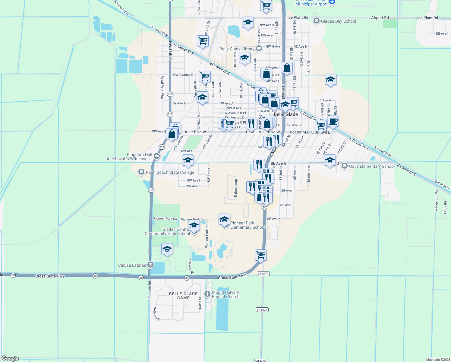 map of restaurants, bars, coffee shops, grocery stores, and more near 110 Dabou Loop in Belle Glade