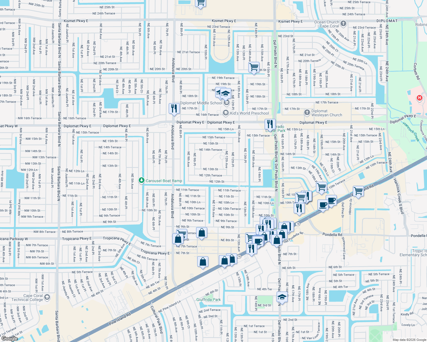 map of restaurants, bars, coffee shops, grocery stores, and more near 1030 Northeast 13th Street in Cape Coral