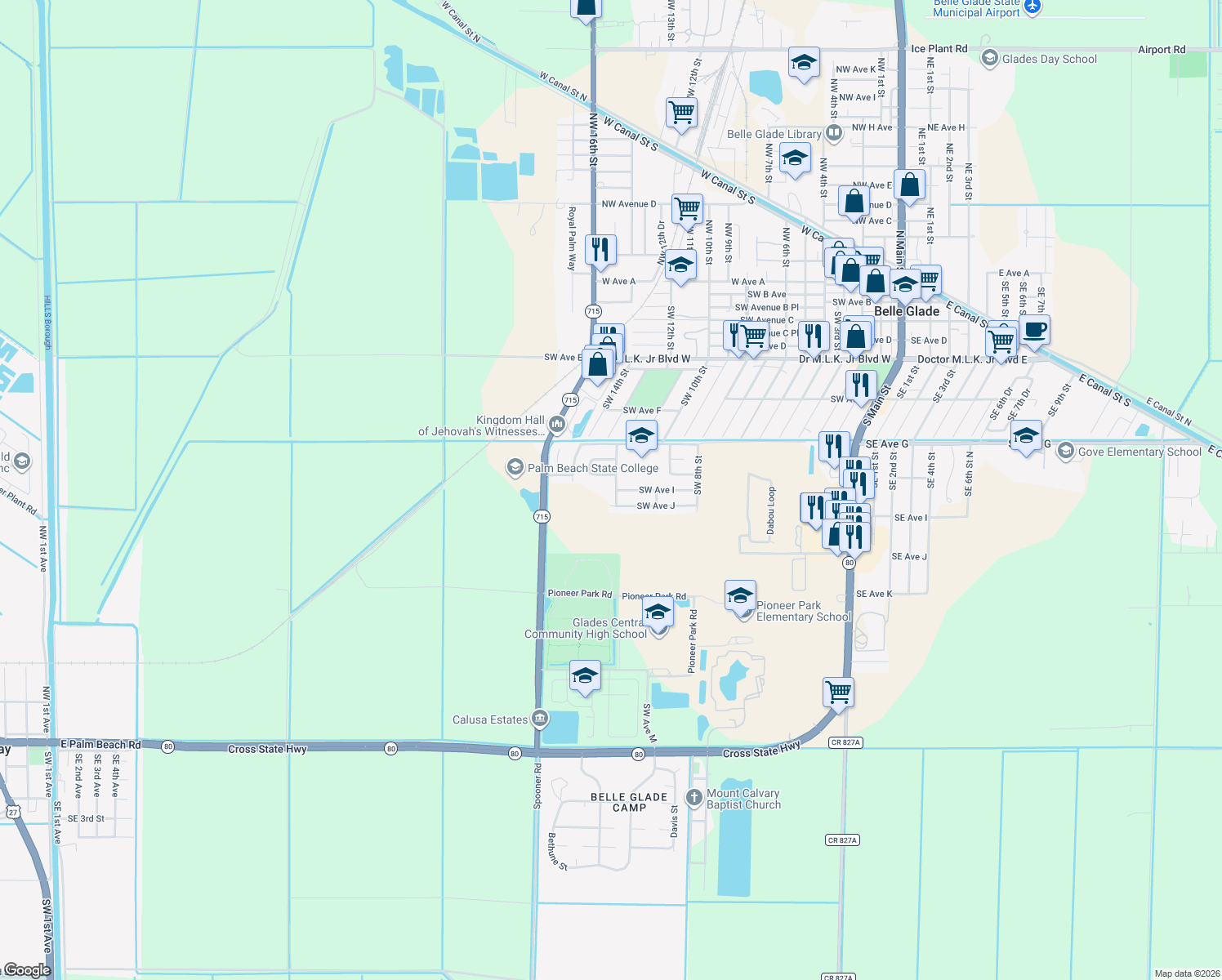 map of restaurants, bars, coffee shops, grocery stores, and more near 832 Southwest 12th Street in Belle Glade