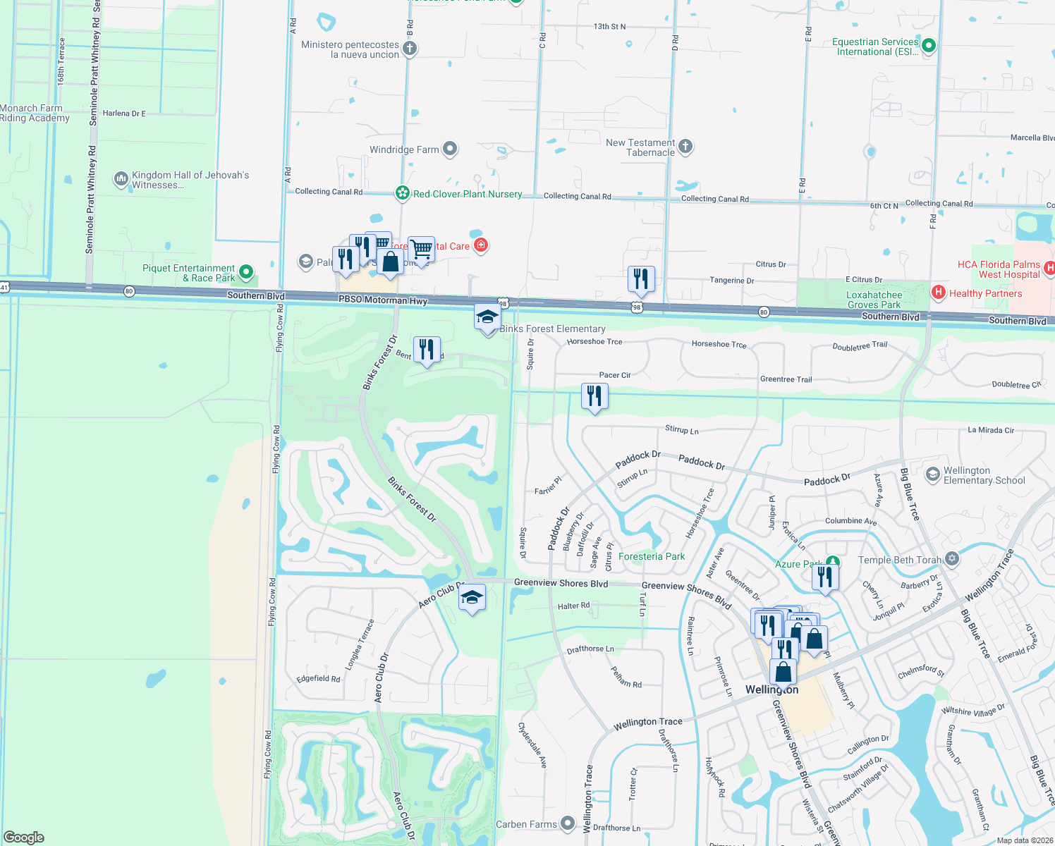 map of restaurants, bars, coffee shops, grocery stores, and more near 276 Squire Dr in Wellington