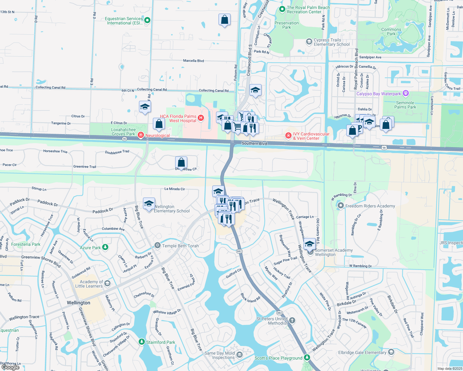map of restaurants, bars, coffee shops, grocery stores, and more near 12765 Timber Pine Trail in Wellington