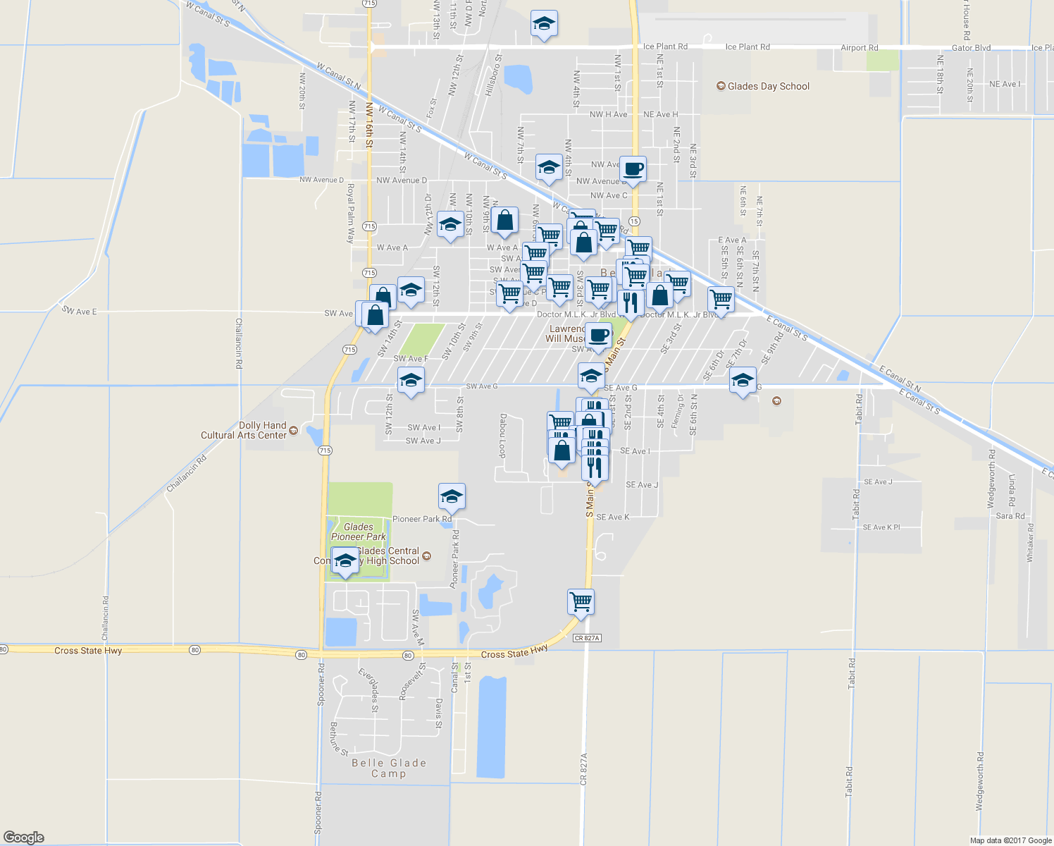 map of restaurants, bars, coffee shops, grocery stores, and more near 177 Dabou Loop in Belle Glade