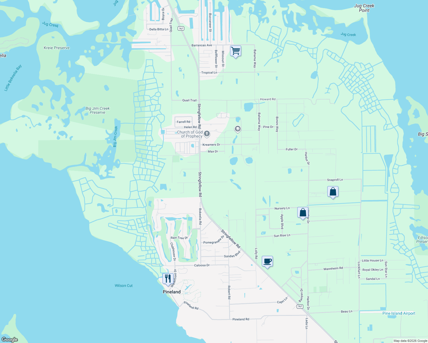 map of restaurants, bars, coffee shops, grocery stores, and more near 14850 Stringfellow Road in Bokeelia