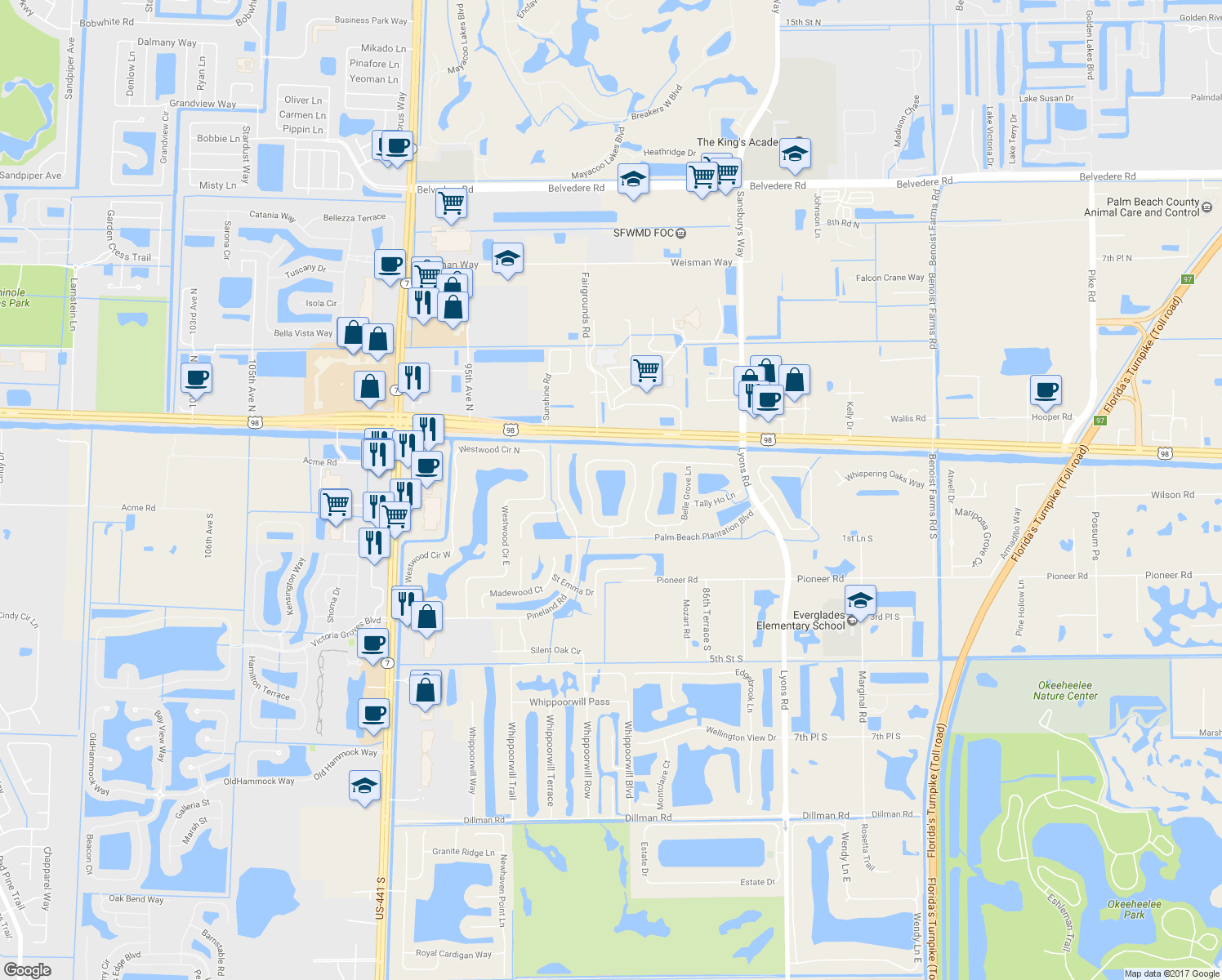 map of restaurants, bars, coffee shops, grocery stores, and more near 49 Mulberry Grove Road in Royal Palm Beach