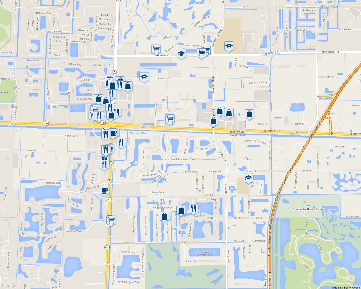 map of restaurants, bars, coffee shops, grocery stores, and more near 172 Mulberry Grove Road in Royal Palm Beach