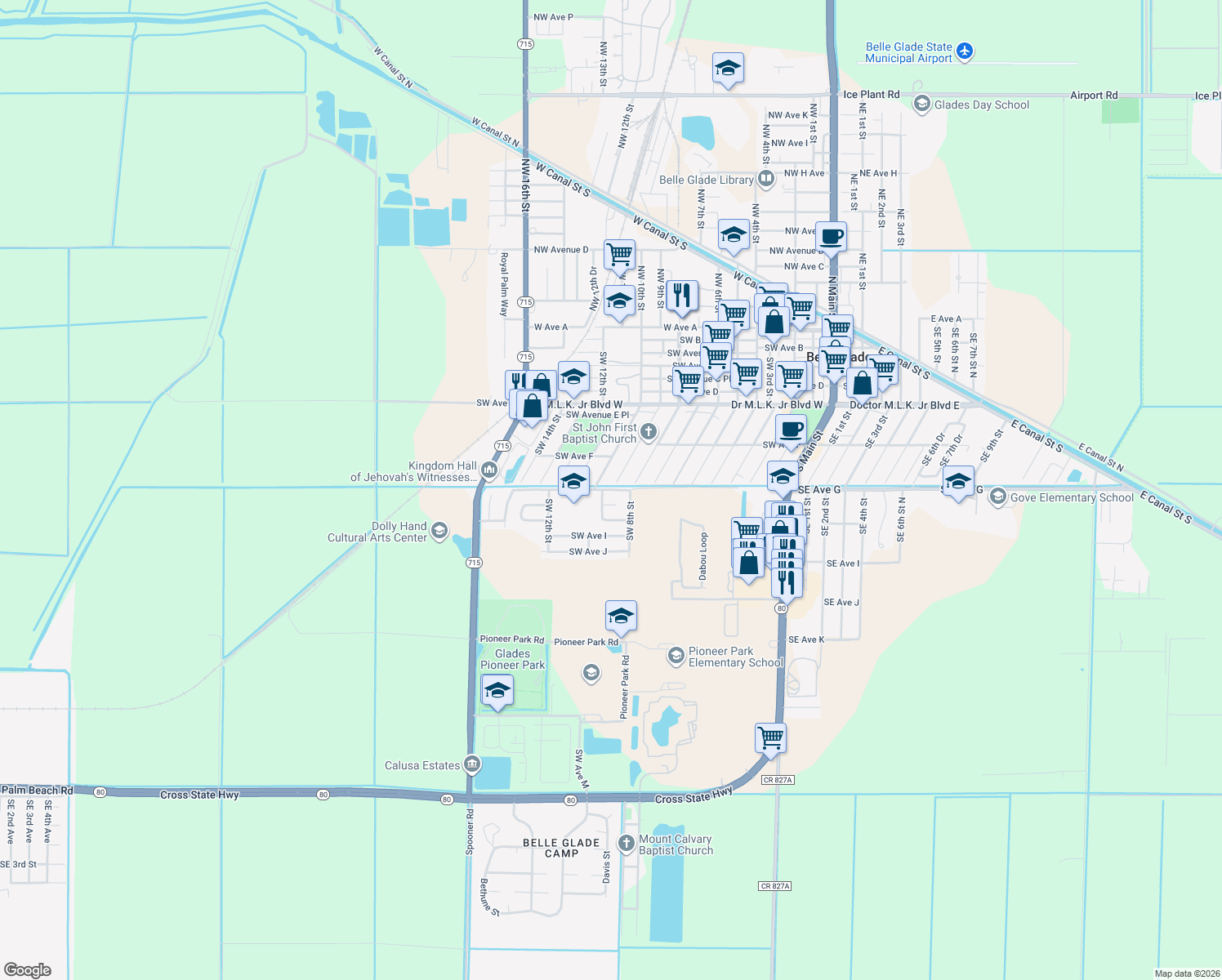 map of restaurants, bars, coffee shops, grocery stores, and more near 900 Southwest Avenue G Place in Belle Glade