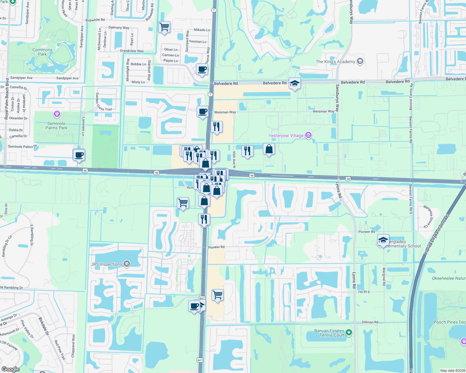 map of restaurants, bars, coffee shops, grocery stores, and more near 334 Westwood Circle North in West Palm Beach