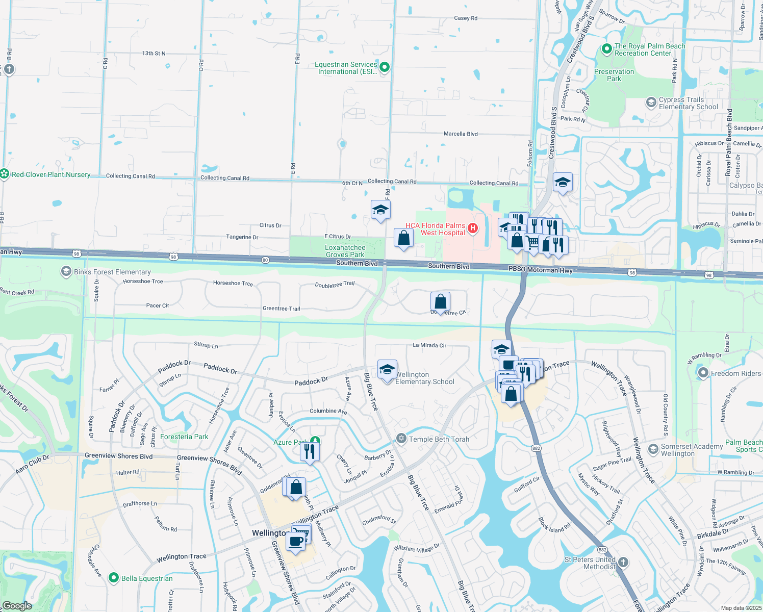map of restaurants, bars, coffee shops, grocery stores, and more near 217 Wychmere Terrace in Wellington