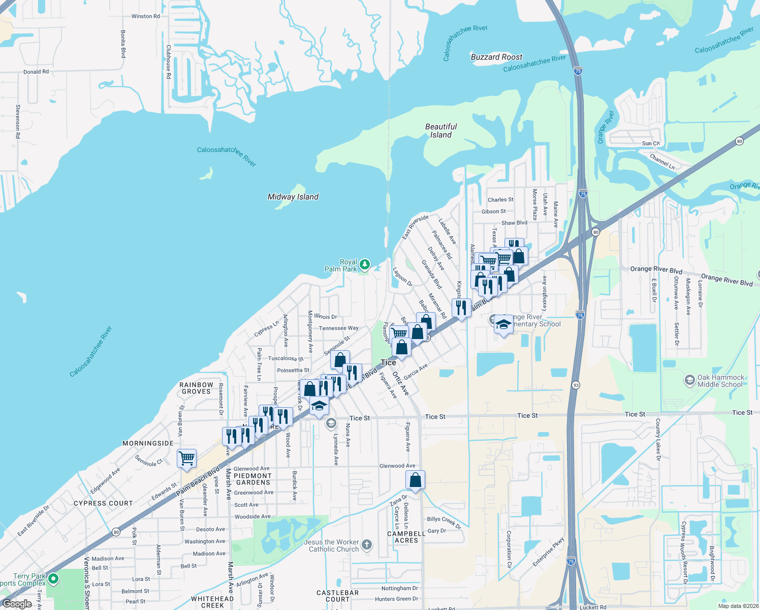 map of restaurants, bars, coffee shops, grocery stores, and more near 331 Chattanooga Drive in Fort Myers
