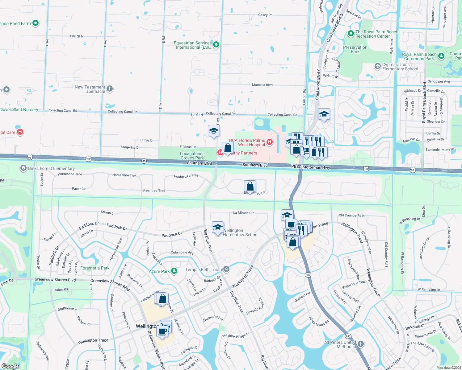 map of restaurants, bars, coffee shops, grocery stores, and more near 13406 Doubletree Circle in Wellington