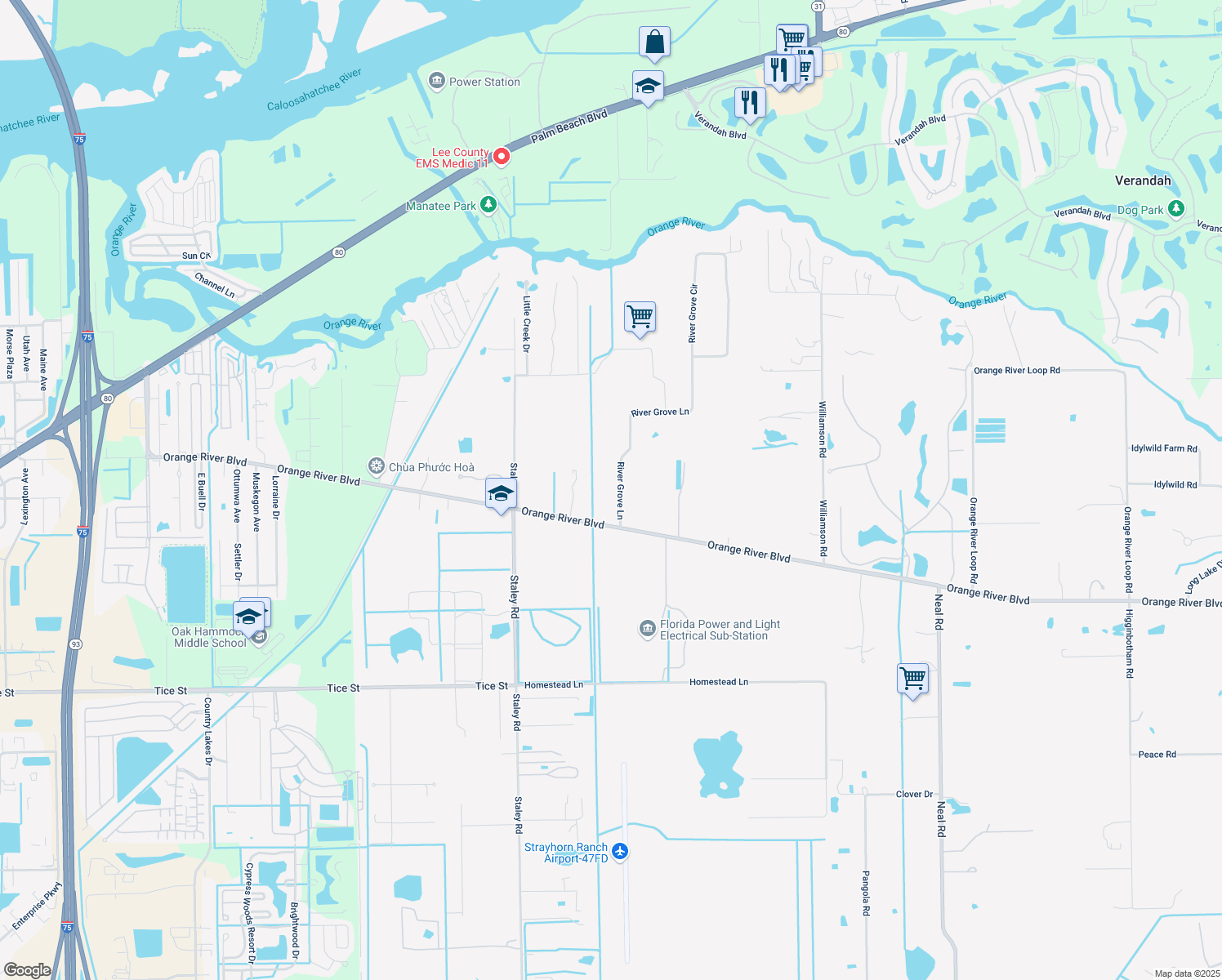 map of restaurants, bars, coffee shops, grocery stores, and more near 4380 River Grove Lane in Fort Myers