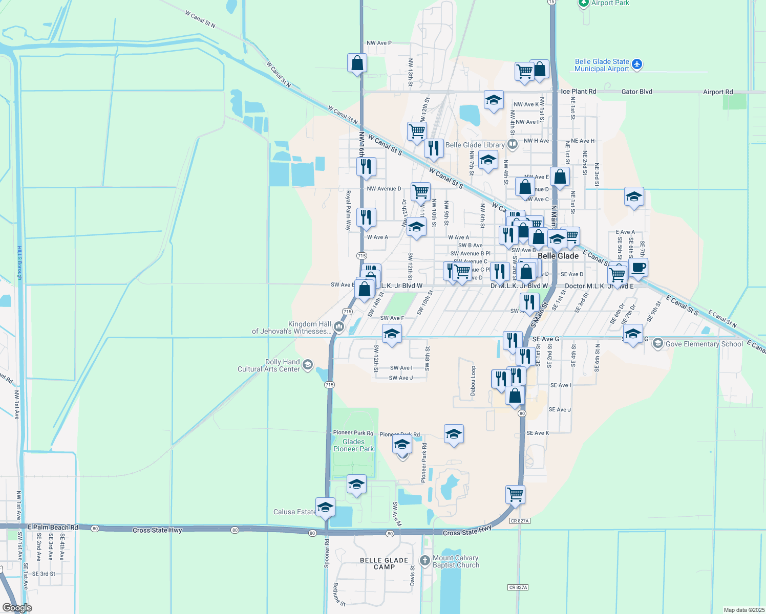 map of restaurants, bars, coffee shops, grocery stores, and more near 560 Southwest 13th Street in Belle Glade