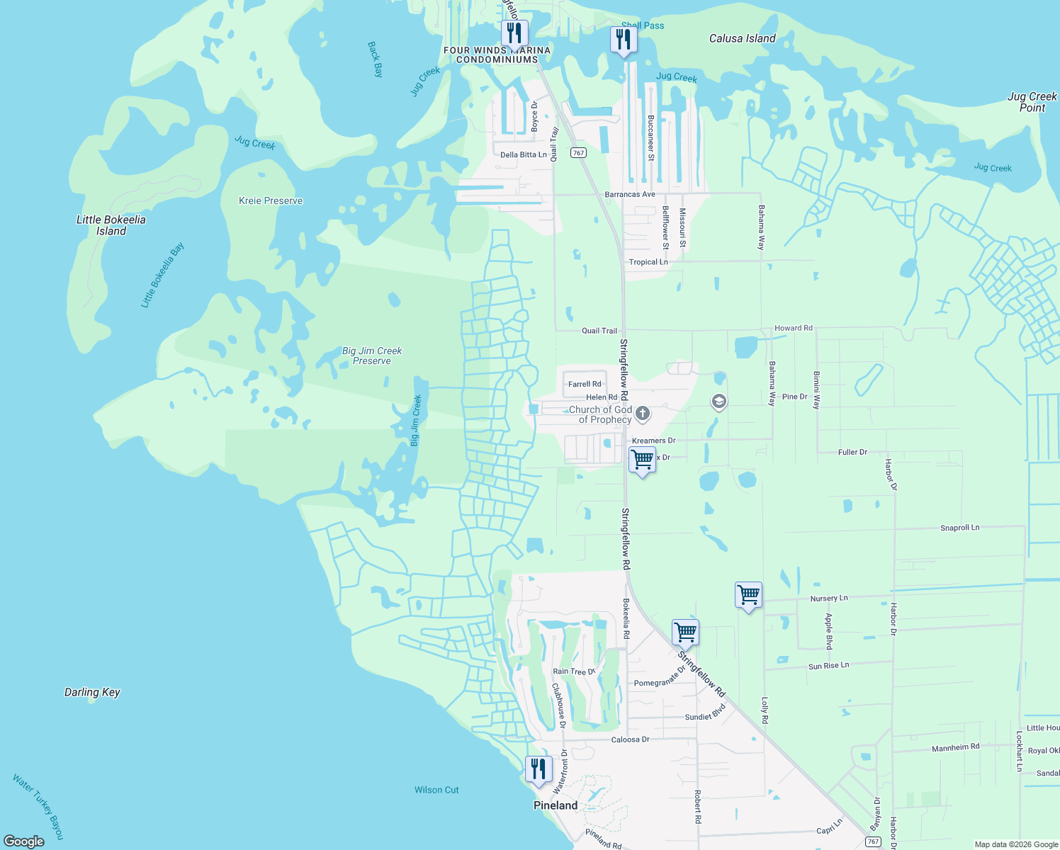 map of restaurants, bars, coffee shops, grocery stores, and more near 7898 Raymary Street in Bokeelia