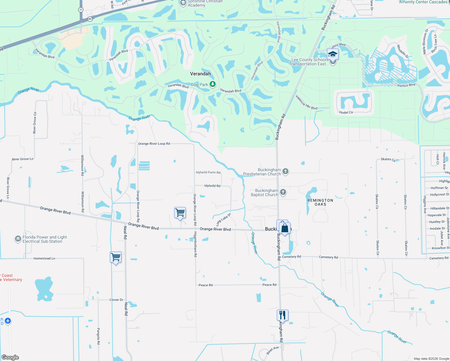 map of restaurants, bars, coffee shops, grocery stores, and more near 13251 Idylwild Farm Road in Fort Myers