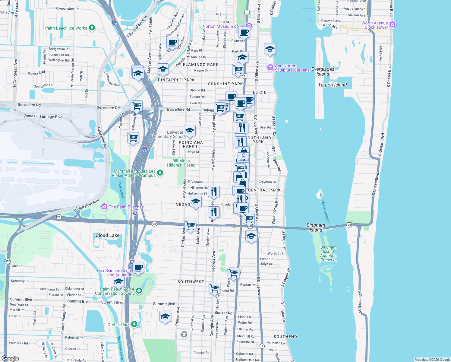map of restaurants, bars, coffee shops, grocery stores, and more near 513 El Vedado in West Palm Beach