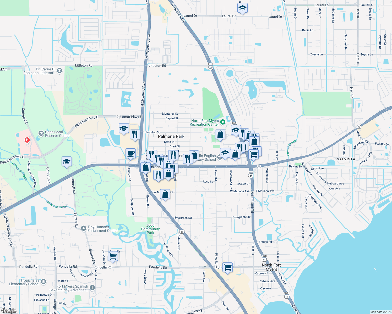 map of restaurants, bars, coffee shops, grocery stores, and more near 229 San Bernardino Street in North Fort Myers